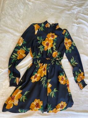 Forever 21 Navy Long Sleeve Floral Smocked Waist Dress